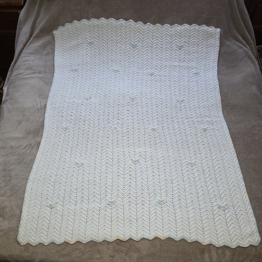 Handmade White Crochet Chevron Baby Blanket With Scalloped Edges 56" X 40"